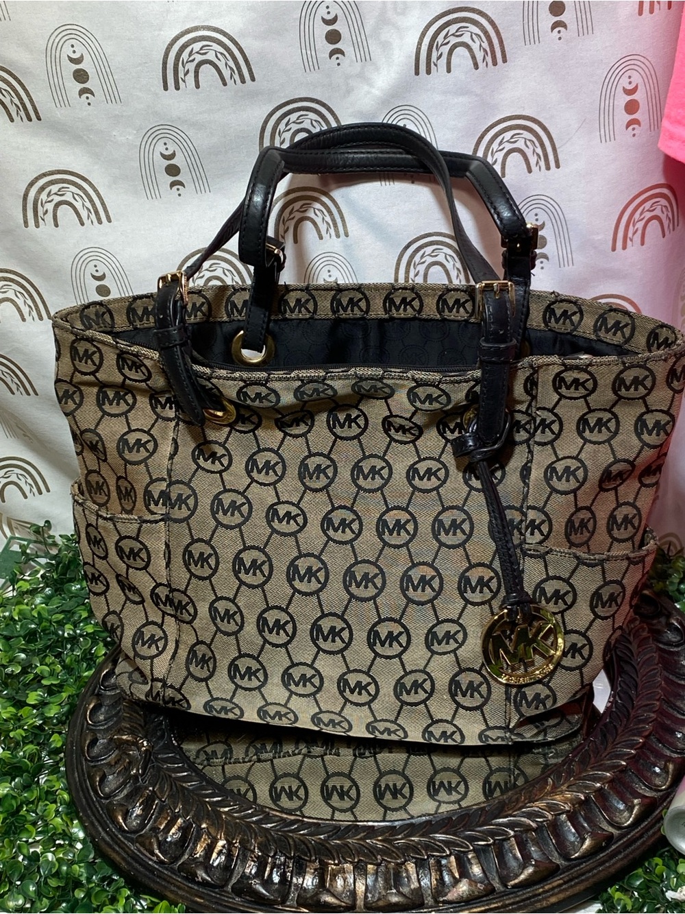 Michael Kors Beige and Black MK Logo Tote
